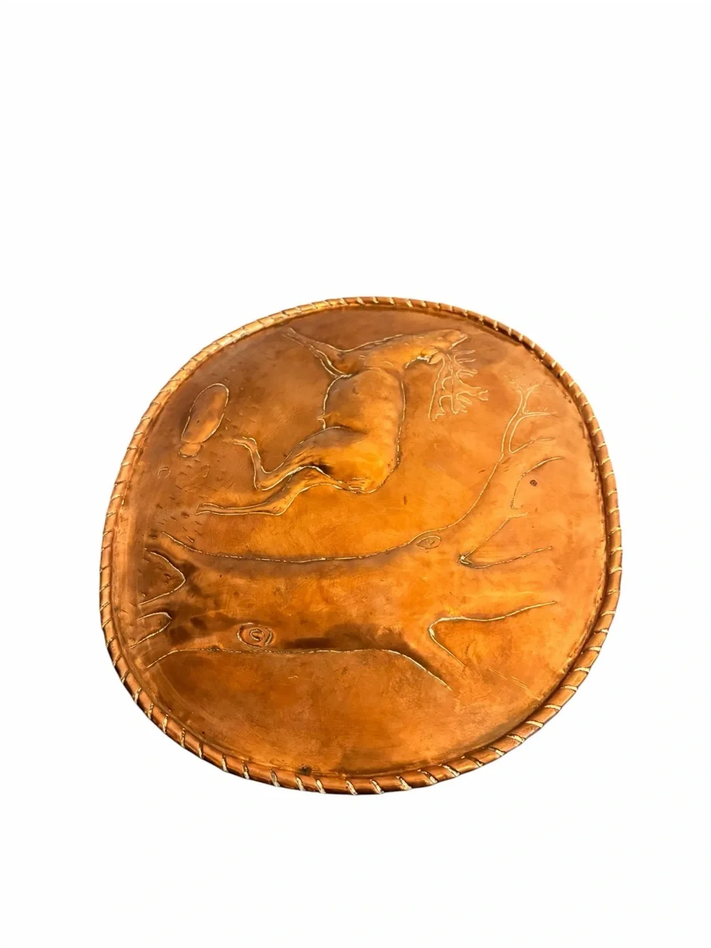 Vintage Handcrafted Copper Repousse Leaping Stag Deer Oval Wall Plaque Decor